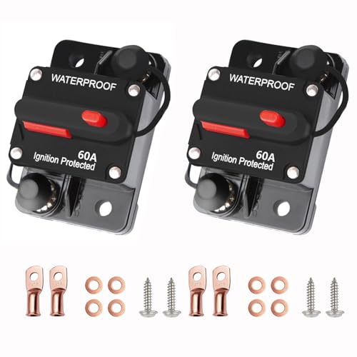 Tiwerlfe 60 Amp Circuit Breaker with Manual Reset Switch for Boat Trolling Motor Plug Marine ATV Solar System Stereo Audio Trailer Vehicles Electronic Battery 12V-48V DC Waterproof(2pcs Fuse)