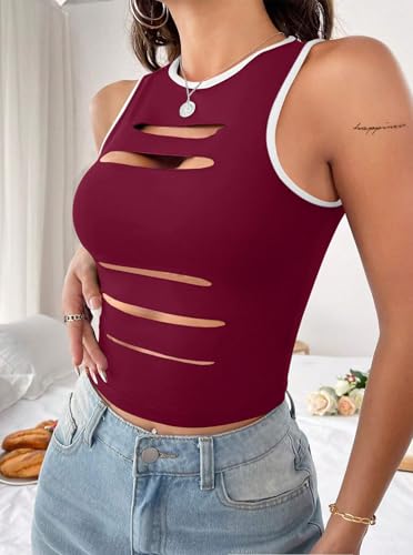 Image of LovelyWholesale Women Sexy Cut Out Crop Tank Tops Crew Neck Summer Sleeveless Top