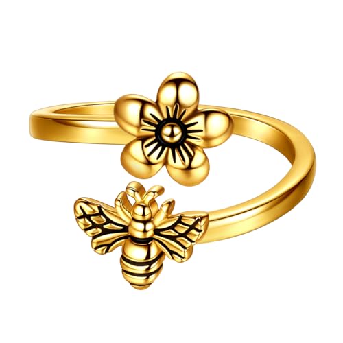SEIHOP Honey Bee and Flower Adjustable Ring 18K Gold Plated Daisy Flower Bee Open Ring Jewelry Gift for Women Wife Daughter Mom KR0030Y