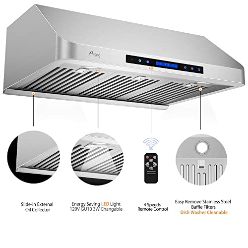 Awoco 36” Supreme 10” High Stainless Steel Under Cabinet Range Hood 4 Speeds, 8” Round Top Vent, 1000Cfm 2 Led Lights, Remote Control & External Oil Collector (Rh-S10-36E) #TOP3