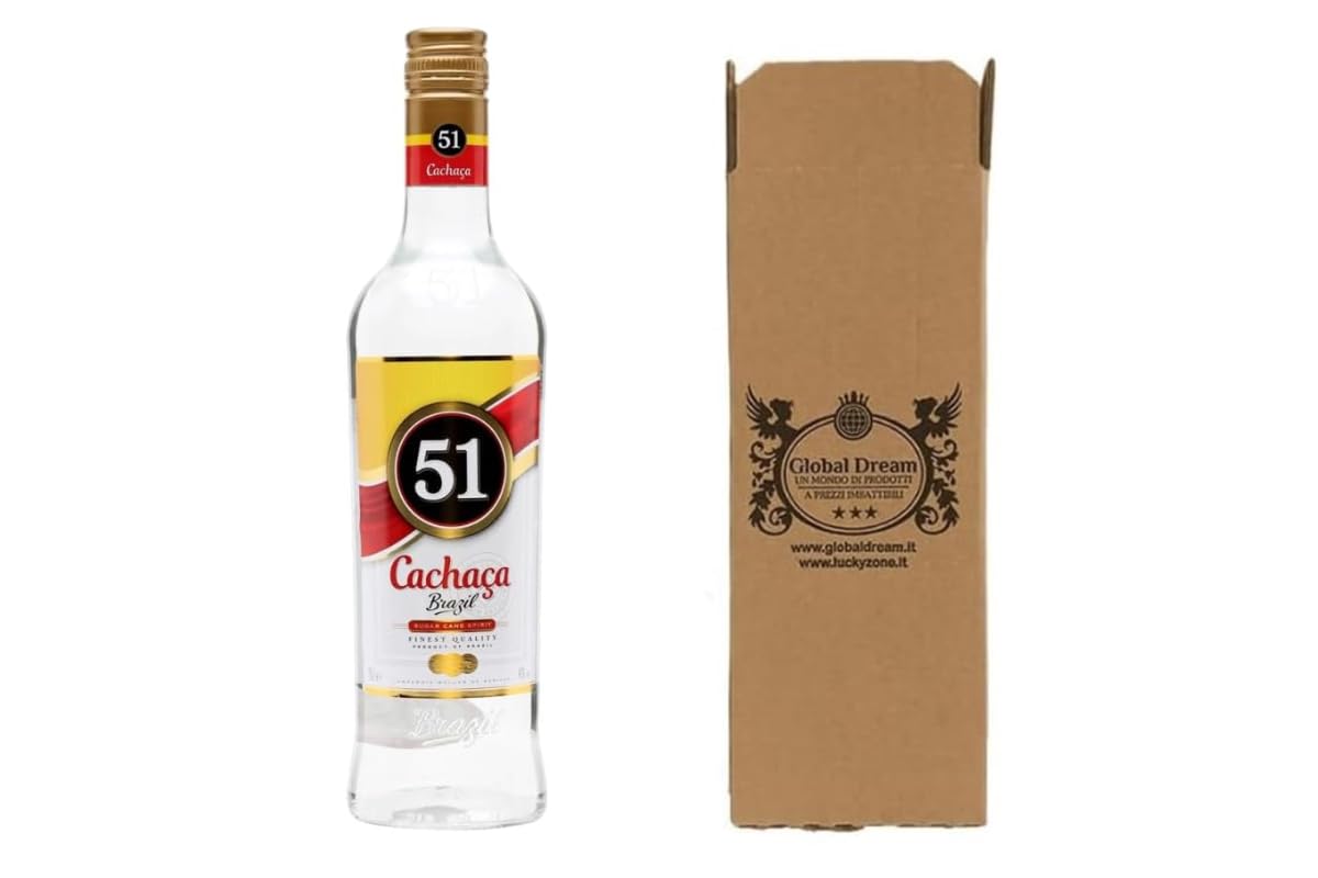 CG94 Cachaça 51 Pirassununga Distillato Brasiliano, 700 ml, 40% Alcol, Bottiglia di Vetro con Confezione Global Dream