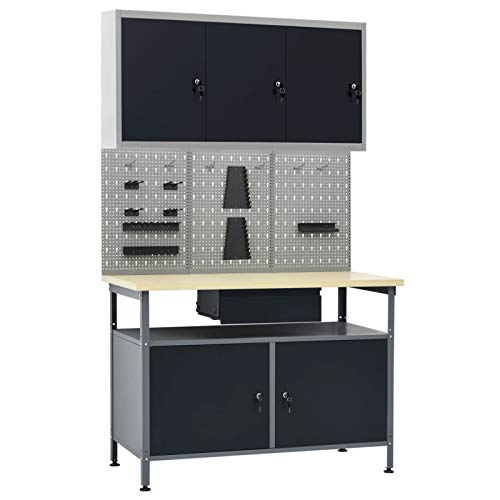 Snsowed Banco de trabaño con Tres Paneles de Pared y un Armario, Banco De Trabajo, Mesa De Trabajo, Mesa Trabajo Taller, Banco Herramientas,