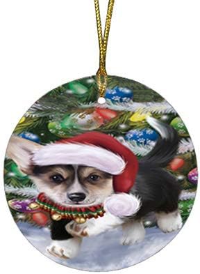 Christmas Express Delivery Red Truck Running Pembroke Welsh Corgi Dogs Round Flat Ornament - Pet Decorative Hanging Ornaments for Christmas X-mas Tree Decorations - 2.75" Round Christmas Ornament