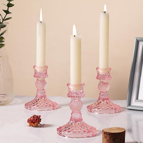 12Pcs Pink Candlestick Holders Set- 4" H Taper Candle Holders Bulk, Glass Candle Holders for Wedding, Party, Romantic Dinner Table Centerpieces, Festival Gifts & Windowsill Decor by DARJEN - Image 5