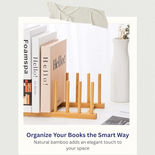 Image of HOMEZE Bamboo Wooden Dish Rack & Book Organizer | 10-Slot Plate Stand Holder for Plates, Lids, Cutting Boards & Pans| Multipurpose Wooden Storage Rack for Kitchen Countertop & Cabinet Organization
