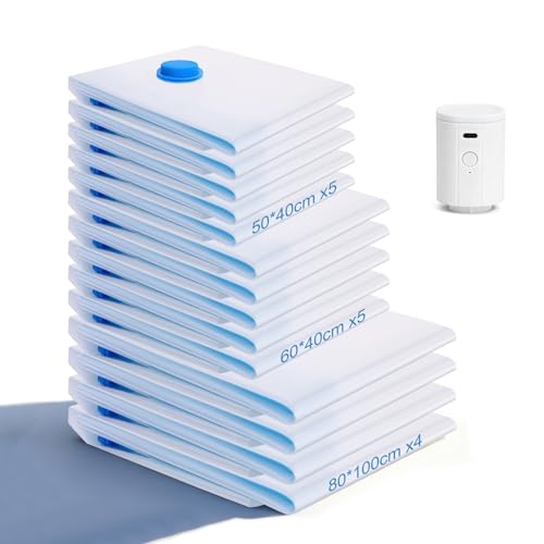 Owfeel 14 Pack Travel Vacuum Bags With Wireless Pump, Portable Compression Bags for Travel, Space Saver Vacuum Seal Bags for Clothing, Luggage, Pillows, Comforters, Reusable & Durable (14 PCS)