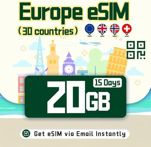 Europe eSIM Card | 20GB 15Days Prepaid Data | Get QR Code Instantly | for UK, Switzerland, Norway, Gibraltar, EU+30 Regions | 5G/4G High-Speed & Hotspot | Data Only | for Travel, Business