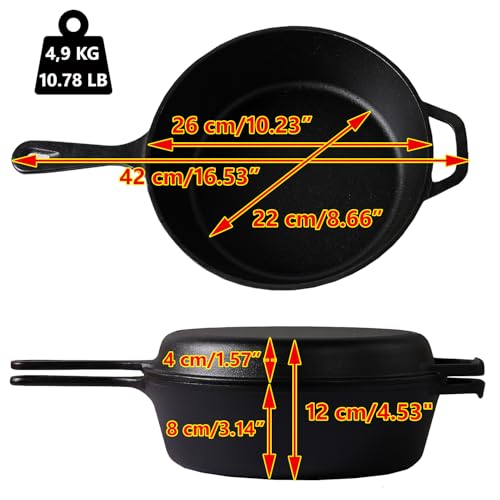 Image of Cast Iron Skillet (EXTRA DEEP) - 10.25 inch-Inch with Skillet Lid, Frying Pans + Silicone Handle Holder Covers - Oven Safe Cookware - Indoor /Outdoor Use - Use on any Stovetop, Grill, Induction Safe