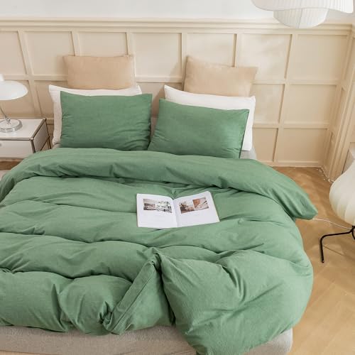 Image of ECOCOTT Sage Green Duvet Cover Full Size, 100% Washed Cotton 3-Piece Bedding Set - Ultra Soft, Breathable & Easy Care with Zipper Closure and 2 Pillowcases (No Comforter)