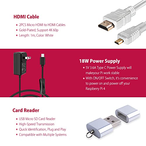 GeeekPi Starter Kit for Raspberry Pi 4 4GB, with Pi 4, Case, 64GB Card, Card Reader, Cables and 18W USB C Power Supply - Thumbnail 3
