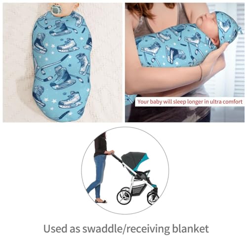 Image of Ice Hockeys Sport Equip Newborn Swaddle Blankets Hat Sets Soft Baby Receiving Blanket Swaddle Sack for Baby Shower Infant Boy Girl Gift
