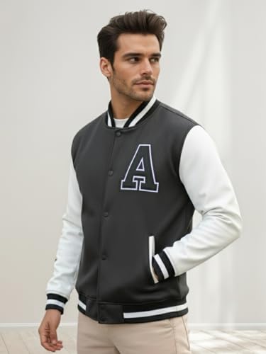 Image of CHKOKKO Men's Regular Varsity Jacket with Snap Button Closure and Patch Design Trendy Comfortable Outerwear for College Travel and Casual Wear
