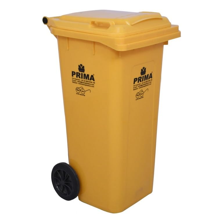 Image of Prima Plastic Manual-Lift Garbage Waste Dustbin with Wheels 120 Ltr Yellow