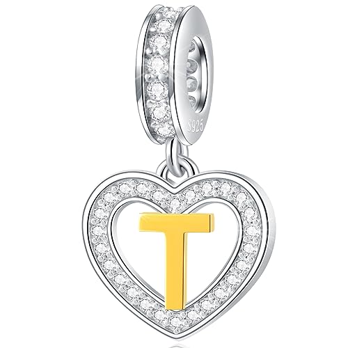 Image of GLOWDAS 18K Gold Plated Letter Charms Initial A to Z Necklace Pendant, 925 Sterling Silver CZ Heart Dangle Alphabet Beads fit European DIY Bracelet, Gifts for Valentiens /Christmas /Family