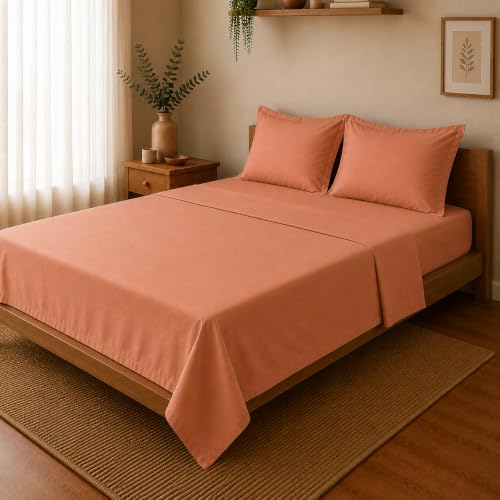 Image of Linen Home Cotton Percale Flat Bedsheet Set King Size Tera Clay
