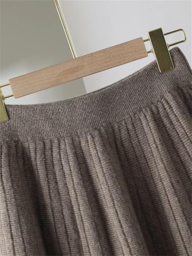 Women Fall Winter Thick A-Line High Waist Skirt Cashmere 100% Merino Wool Knitted Wool Pleated Skirts Dark Hua Lighttan L2