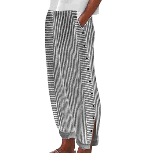 Striped Linen Pants Women Side Button Elastic Waist Straight Leg Pants Printed Loose Summer Beach Boho Trousers with Pockets