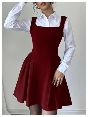 GORGLITTER Black Dress for Women A Line Sleeveless Swing Flared Square Neck Dress Ruffle Mini Tank Sundress, XS-XXL Burgundy X-Large