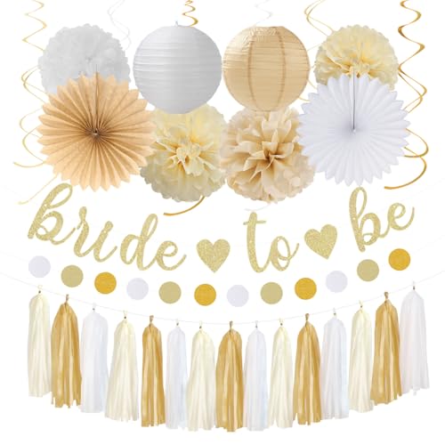 Image of Champagne Gold White Bridal-Shower Party-Decorations - 31pcs Bride to Be Banner,Boho Neutral Bachelorette Paper Lanterns,Wedding Streamers Garland,Tissue Pom Poms Flower Fan Decor Supplies Burgleda