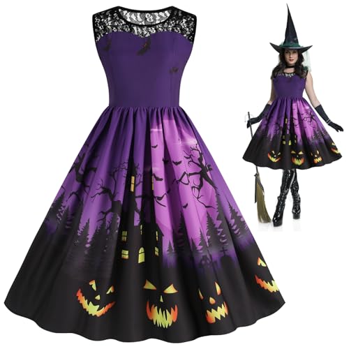 Damen Halloween Kostüm Frau, Halloween Kostüm Damen Sexy Gruselig, ärmellos Kleider Damen Kostume, Cosplay Cocktail Party Lila Kleider, Karneval...