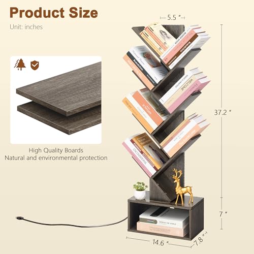 Image of Hoctieon 6 Tier Tree Bookshelf, Tall Bookcase, Freestanding Book Shelf with LED Lights, Display Floor Standing Storage Shelf, Book Organizer Shelves for Home Office, Living Room, Grey