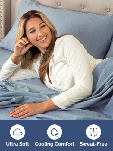 Image of Extra Deep Queen Fitted Sheet - Single Fitted Sheet Only - Heathered Blue | Easily Fits 18 inch to 24 inch Mattress, Soft, Wrinkle Free, Breathable & Comfy, Extra Deep Pockets Hotel Luxury Fitted Sheet