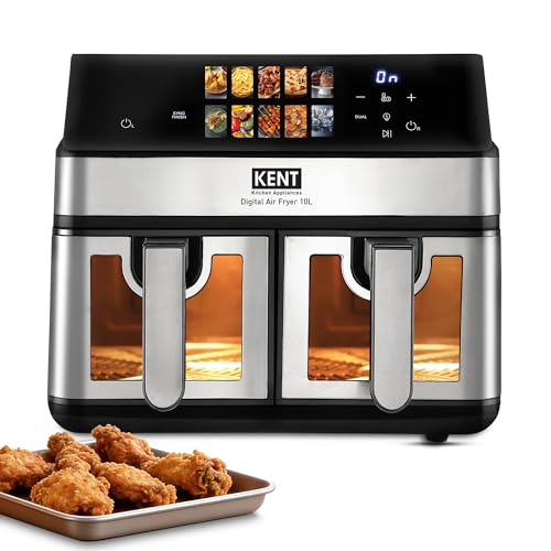 KENT Digital Air Fryer 10L| 2000W | Up to 80% Less Oil Usage | 10 Preset Menu |Digital Display & Touch Control Panel |Glass Window with in built Light | Dual Basket for Cooking 2 Dishes Simultaneously