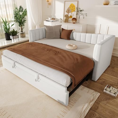 PUGSDRLY Canapé Lit Convertible 90/180x200cm,canapé lit 2 Places Convertible Multifonctionnel,capitonné,sommier à Lattes,Tissu Velours,sans Matelas (Blanc)