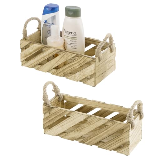 MyGift Rustic Storage Baskets Natural Paulownia Wood Decorative Nesting Baskets with Rugged Rope Handles Carrying Caddy Organizer Bins for Home Decor 2 Piece Set