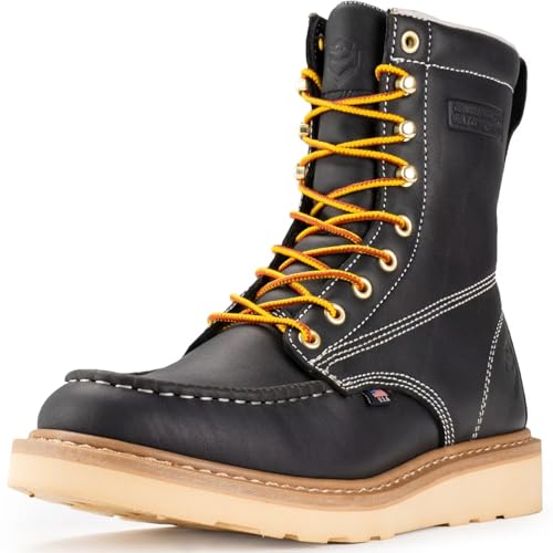 Image of SUREWAY 8in Waterproof Moc Toe Work Boots for Men Soft Toe,Premium Full Grain Leather,Safety Wedge Work Boots /Shoes,Comfort Insole,Oil /Slip Resistant,Industrial Construction Boots BLACK