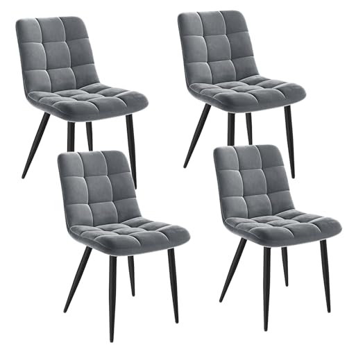 INRE Chaises de Salle à Manger,Lot de 4,Pieds en Métal,Pieds Réglables,Chaise tapissée,Dossier Ergonomique,Style Nordique,Gris Foncé