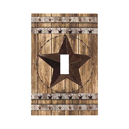 Western Texas Star Vintage Wooden Barn Doors Nails Light Switch Cover 1 Gang Single Toggle Wall Plate Kitchen Wood Rustic Retro Grunge Metal Faceplate Electrical Switchplate Farmhouse Country Decor #TOP10