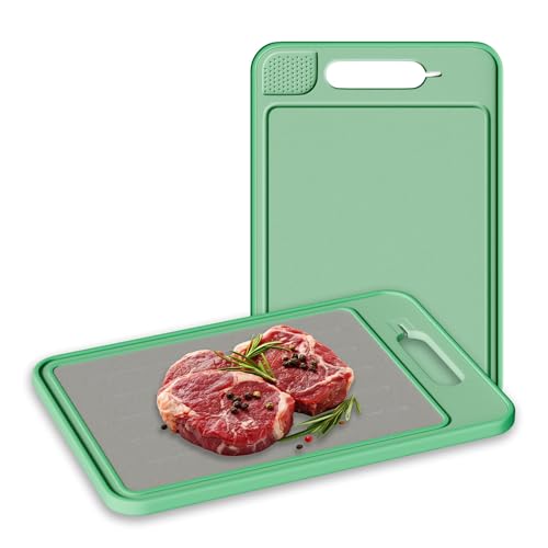 2-Sided Cutting Board with Built-In Grinder & Knife Sharpener - Stainless Steel & Buckwheat Surface - Non-Slip, Durable, Easy-to-Clean, Juice Groove, Portable for Kitchen & Camping (Mint)