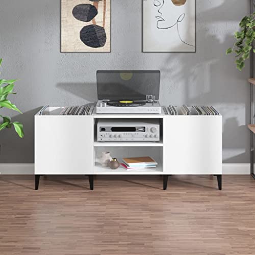 Mueble de madera noble y metal blanco de 121 cm con paneles de diseño lineal 5