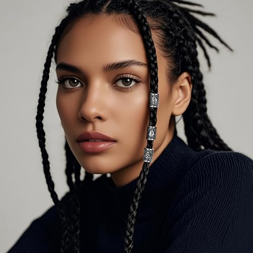 Cupimatch Wikinger Bartperlen Haarperlen Set: Edelstahl Haar- und Bartschmuck keltische 6Pcs Runen Perlen in 2 Größen mit Haarfädler DIY Dreadlock Schmuck Unisex Wikinger Haarschmuck für Frauen Männer