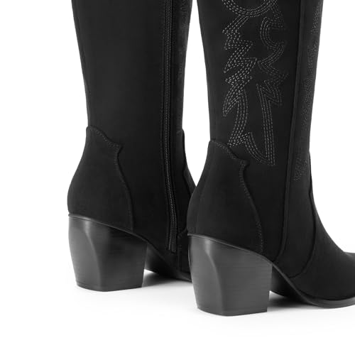 Image of DREAM PAIRS Womens Cowboy Boots Wide Calf Comfortable Pull On Zipper Chunky Heel Pointed Toe Embroidered Western Cowgirl Knee High Boots Ladies Retro Tall Boot