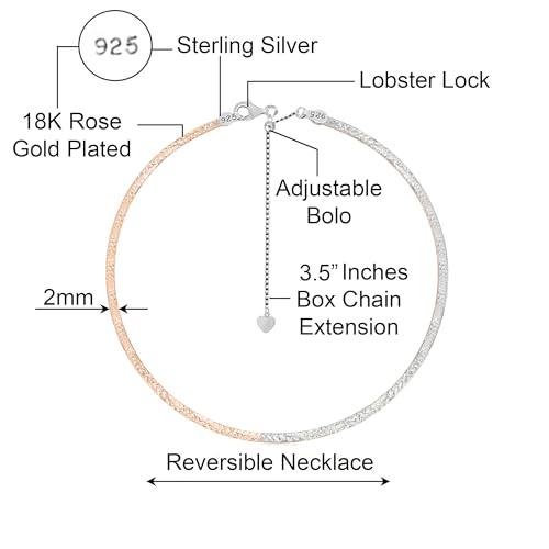 Savlano 925 Sterling Silver 2MM, 4MM Diamond Cut Omega Reversible Necklace - 18K Gold Plated 2-Sided Adjustable 14-17.5 Inch Necklace for Women - Made in Italy2