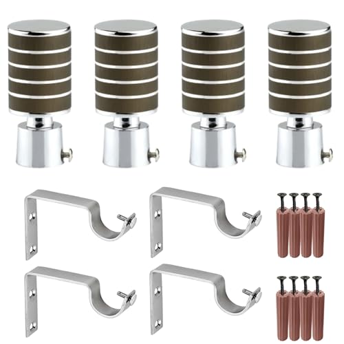Image of GRIVAN Stainless Steel Wooden Finish Curtain Bracket Parda Holder with Support 1 Inch Rod Pocket Finials Designer Door and Window Rod Support Fittings, Curtain Rod Holder (Wooden Finsh Pair of 2)