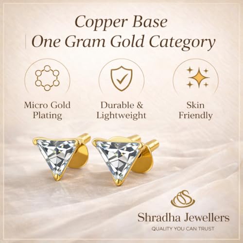 Image of Shradha Jeweller's One Gram Gold Plated Earrings for Women, Single Stone Earring set Tops, Triangle Shape White American Diamond Studs, for Gift, Birthday and Anniversary