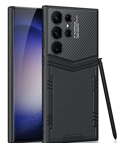 Image of BOUNCEBACK Slim Metal with Leatherette Back Case Cover for Samsung Galaxy S23 Ultra 5G / Galaxy S23 Ultra Case Cover - (Carbon Fiber Black | Leather)