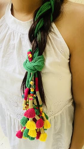 Image of Zippy Flora Handmade Boho Kalee Parandi (Green) | Traditional Paranda Hair Accessory with Decorative Braid Tassels | Ethnic Hair Extension for Choti, Long Braids & Festive Hairstyles