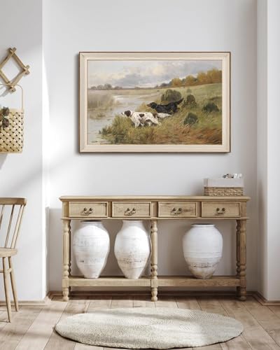 KISSFOX Vintage Framed Wall Art Dogs In Field Canvas Wall Art Nature Country Farmhouse Landscape Art Prints Artwork For Living Room Bedroom Bathroom Kitchen 24x36inch - Image 3