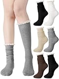 Fourluoo 6 Pack Women Cotton Knit Boot Knee High Socks Lace Trim Knee High Stockings Socks for Boots Casual Chic(Classic Color)