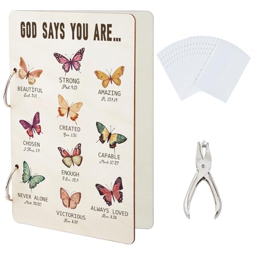 SUPERDANT Butterfly Greeting Card Holder Organizer Bible Verse Inspirational Wooden Postcard Binder Birthday Cards Keeper Photo Album Cover with Punch and 20 Inner Pockets Gifts for Woman