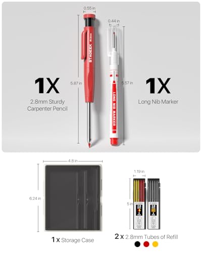 Image of STAGEEK Carpenter Pencils Set with Sharpener, Heavy Duty Woodworking Tools with 13 Refills (Red, Black, Yellow), Construction Pencil and Deep Hole Long Nib Marker Pen for Architect Marking with Case