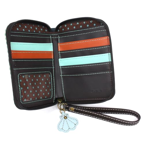 Image of CHALA Zip Around Wallet, Wristlet, 8 Credit Card Slots, Sturdy Pu Leather - Turtle A - teal stripe