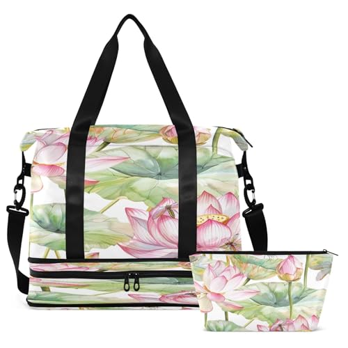 Lotus and Dragonflies Gym Bag - Weekender Overnight Bags for Women Men, Sport Travel Duffel Bag with Wet Pocket & Shoe Compartment2