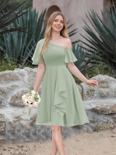 One Shoulder Short Bridesmaid Dresses with Pockets Puffy Sleeve Ruffled Chiffon Formal Party Gown3