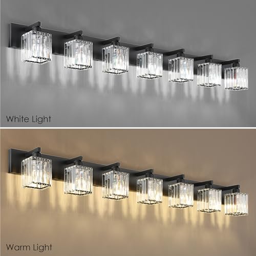Image of Aipsun Black Vanity Light Crystal Bathroom Lighting Fixtures Modern Bathroom Vanity Light 7 Light (Exclude Bulb)