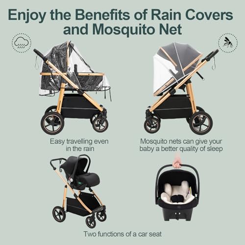 Lnhcrbs Kinderwagen 3 in 1, Kinderwagen & Buggys mit Autositz mit verstellbarem Griff, Kinderwagen mit Feststellbaren Vorderrädern, für 22 kg, 0-4 Jahre(Schwarz)